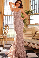 Model wearing Jovani 09768 in cafe front pose showing mermaid flare.