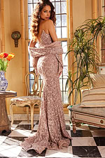 Model wearing Jovani 09768 in cafe back view, showcasing intricate back design.