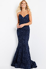 Model wearing Jovani 09768 in navy front view, featuring sweetheart neckline.