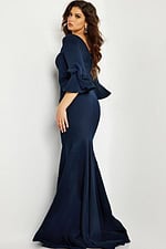 Model wearing Jovani 09776 navy dress, back view.