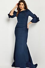 Model wearing Jovani 09776 navy dress with flounced sleeves, front view.