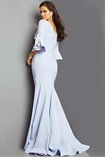Model wearing Jovani 09776 blue dress, back view.