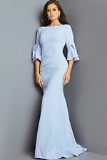 Model wearing Jovani 09776 blue dress, front view with flounced sleeves.