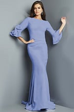 Model wearing Jovani 09776 blue dress with long sleeves, front view.