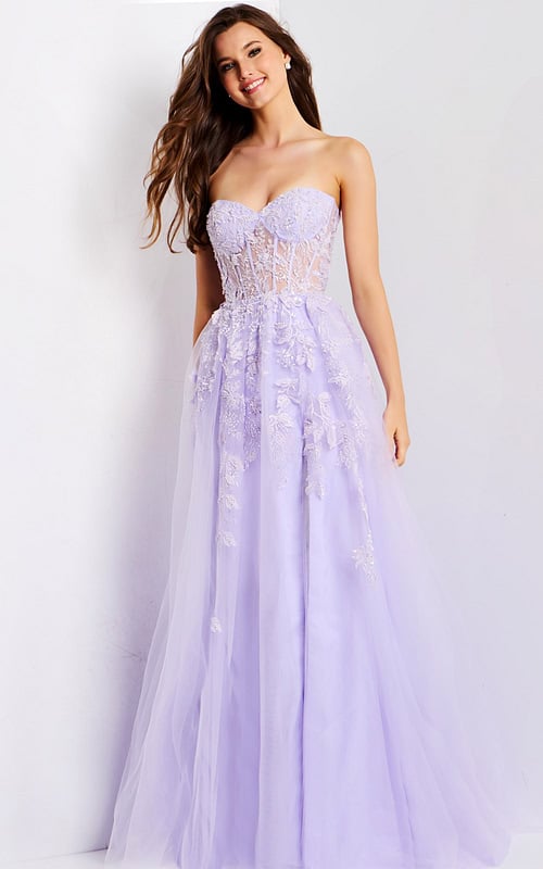 Lavender tulle dress with corset top and slit 49656