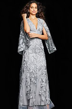 Elegant Jovani 09809 dress in silver with V-neck and cape sleeves.