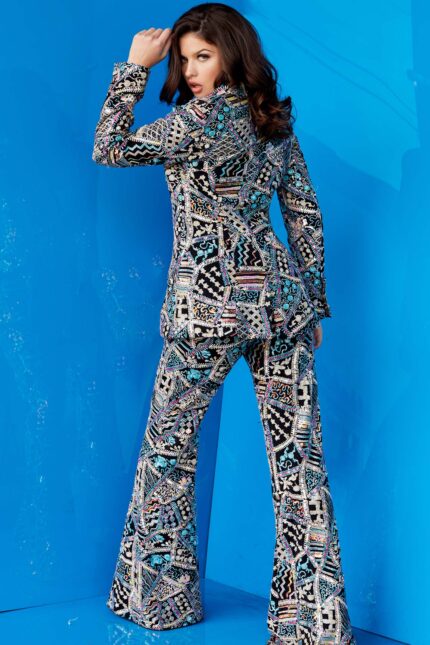 Back view of Jovani 09816 showing flared pants and blazer pattern.