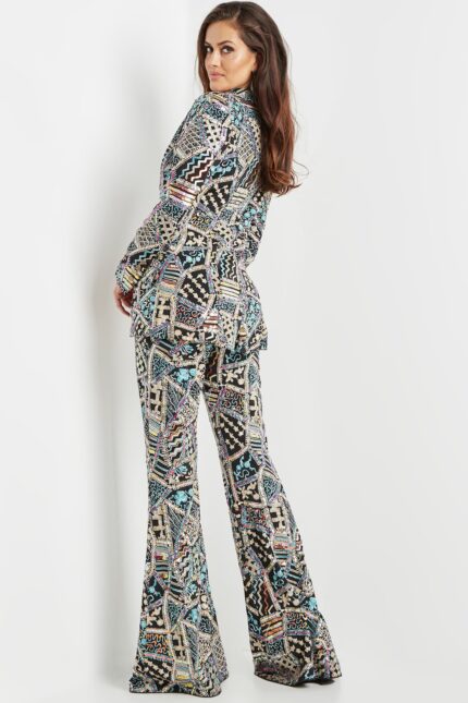model wearing Jovani 09816 multi-colored pantsuit back view