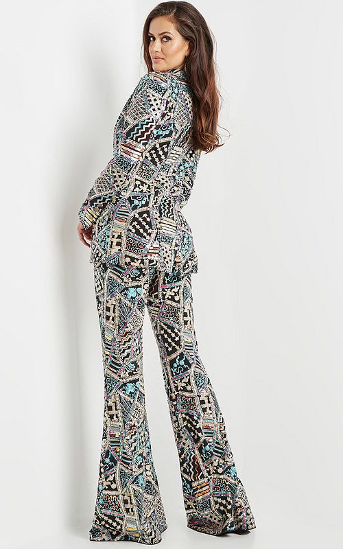 model wearing Jovani 09816 multi-colored pantsuit back view