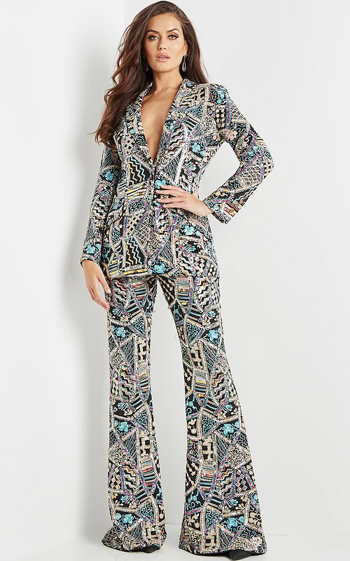 model wearing Jovani 09816 multi-colored pantsuit front view