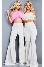 Two models wearing Jovani 09835 ivory feather tops and wide-leg pants.
