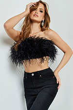 Model wearing Jovani 09835 black feather top, off-shoulder design.