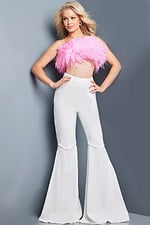 Model wearing Jovani 09835 pink feather top and wide-leg pants front view.
