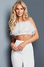 Model wearing Jovani 09835 ivory feather top and wide-leg pants front view.