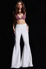 front view of Jovani 09836 featuring flared trousers and embellished top