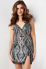 Close-up front view of model in Jovani 09878 dress in black.