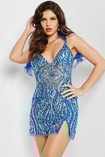 Model wearing Jovani 09878 royal blue dress with deep V-neckline and feather shoulder accents.