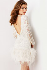 beaded ivory dress with feather hemline and deep v back 09880