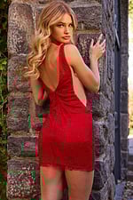 Model displaying back of Jovani 09892 mini dress in red with elegant low scoop.