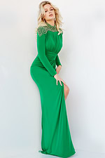 Model showcasing Jovani 09960 green dress, front view.