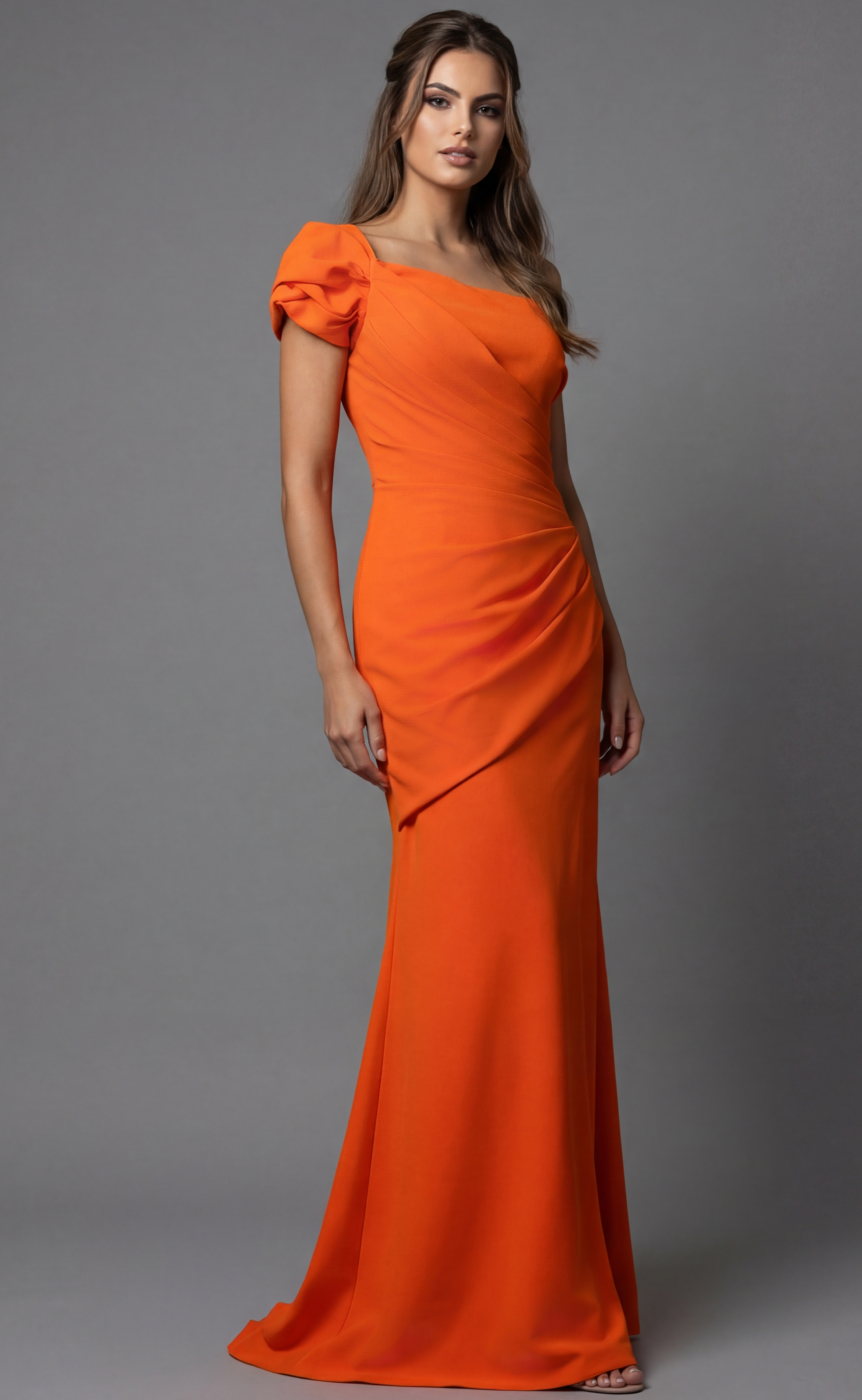 09961-3 One shoulder fitted gown with draped bodice and floor length silhouette