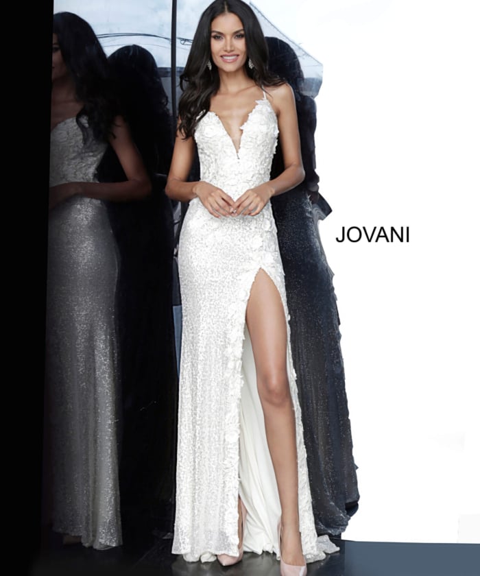 Model wearing Jovani 1012 Hot Pink High Slit Plus Size Dress