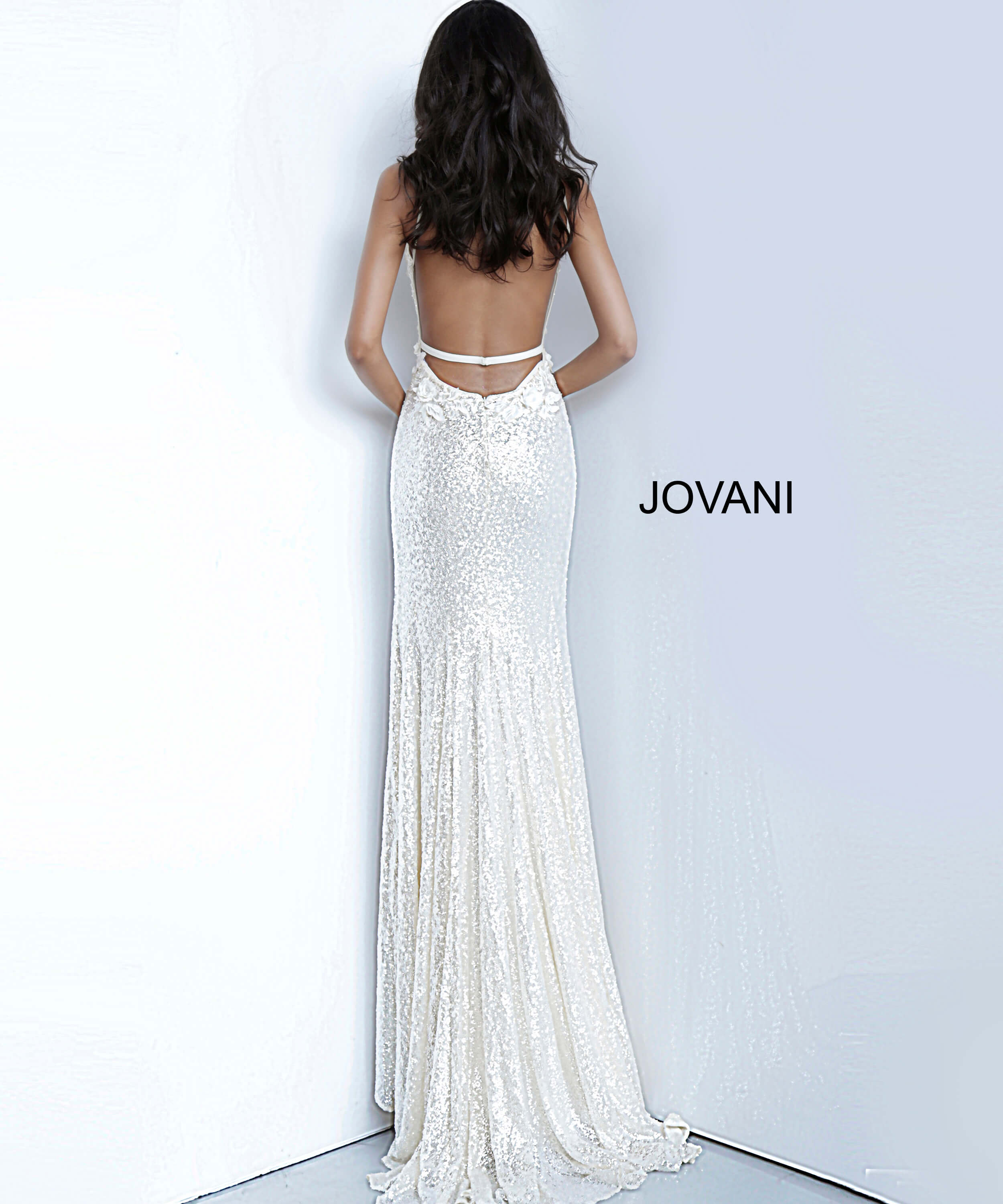 Model wearing Jovani 1012 White Low Back Sequin Dresses
