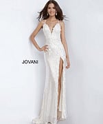 Model wearing Jovani 1012 white dress with floral appliques and high slit