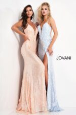 Two models in Jovani 1012 gowns with floral appliqués and high slits.