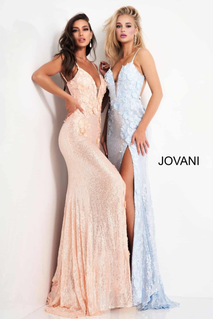Two models showcasing Jovani 1012 dresses in blue and beige with high slits