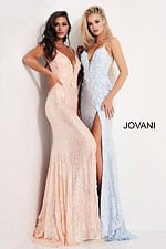 Two models wearing Jovani 1012 pink and blue dresses with floral designs