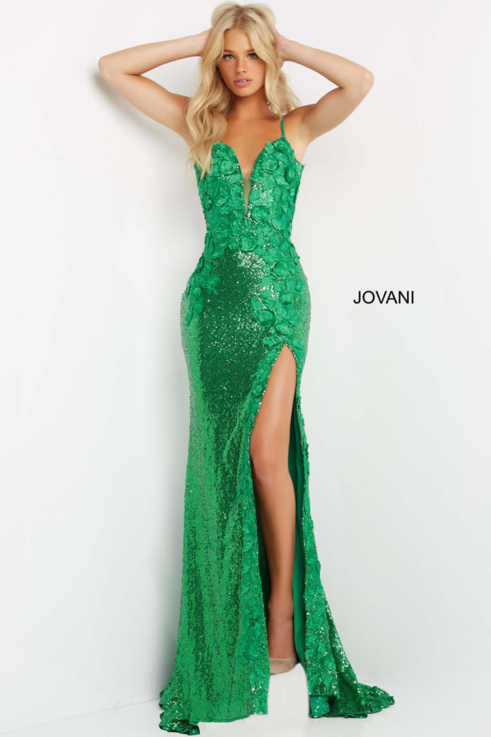 Model in Jovani 1012 green evening dress, high slit, floral appliqués