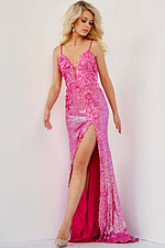 Model wearing Jovani 1012 Floral Appliques Backless Dresses