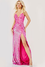 Model wearing Jovani 1012 Floral Appliques Backless Dresses