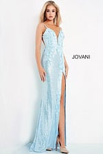 Model wearing Jovani 1012 light blue dress with high slit and delicate embellishments