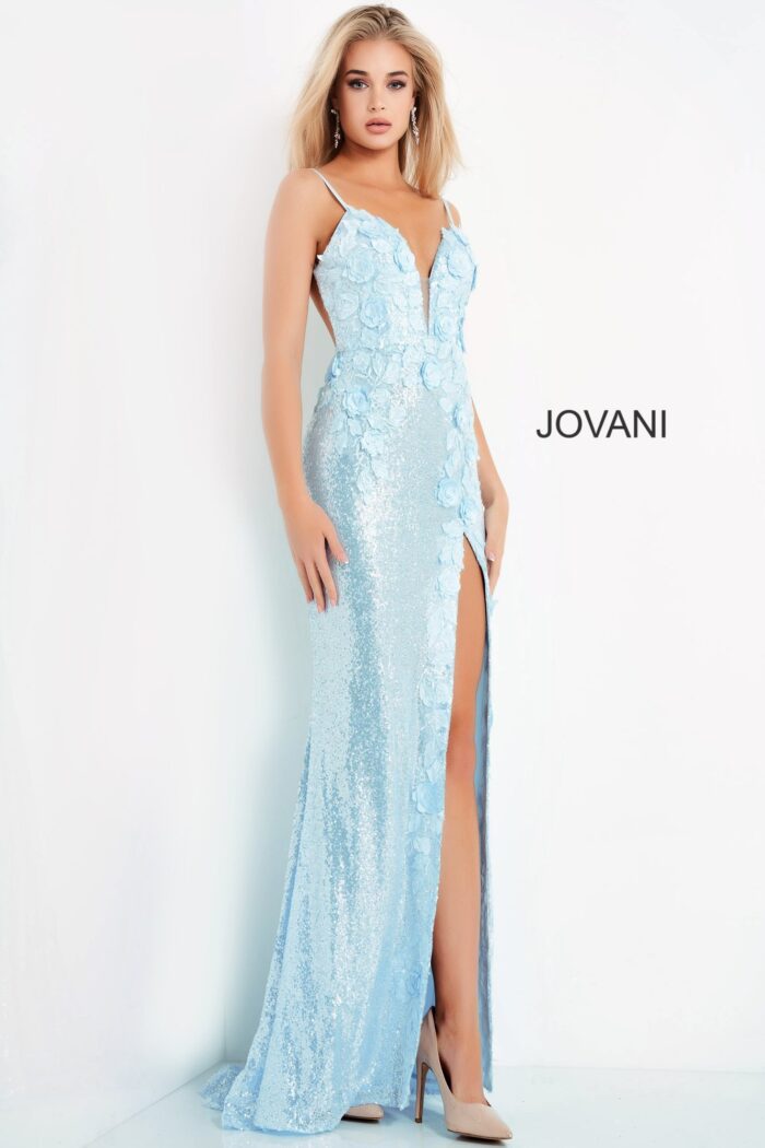 Model in Jovani 1012 light blue gown with sequin detailing and high slit.