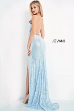 Back view of model in Jovani 1012 blue dress with sequins and open back