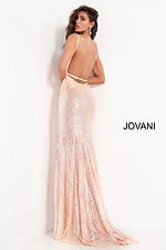 Back view of model in Jovani 1012 pink dress with open back and sequins