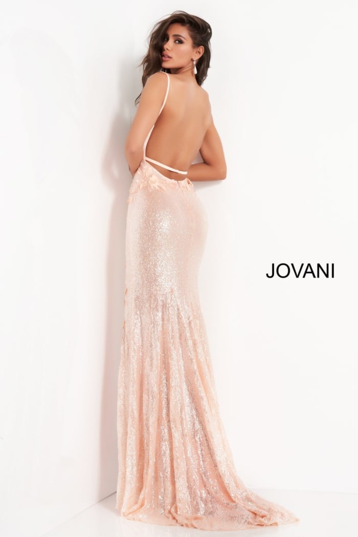 Model wearing Jovani 1012 Floral Appliques Backless Dresses