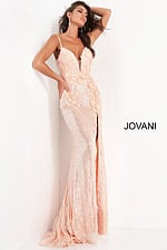 Model wearing Jovani 1012 Floral Appliques Backless Dresses