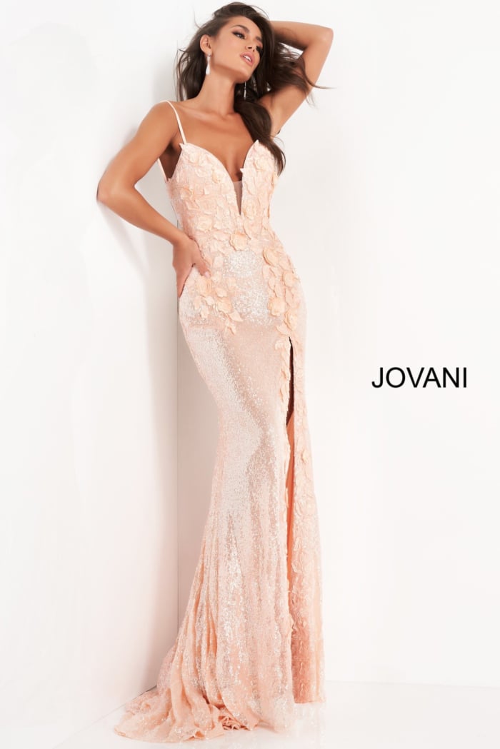 Front view of model wearing Jovani 1012 rose gold dress with floral details