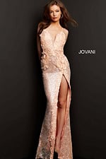 Front view of model in Jovani 1012 pink dress with sequined floral design