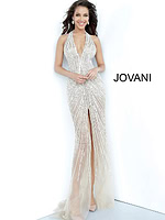 Model wearing Jovani 2609 nude dress with plunging neckline, front view.