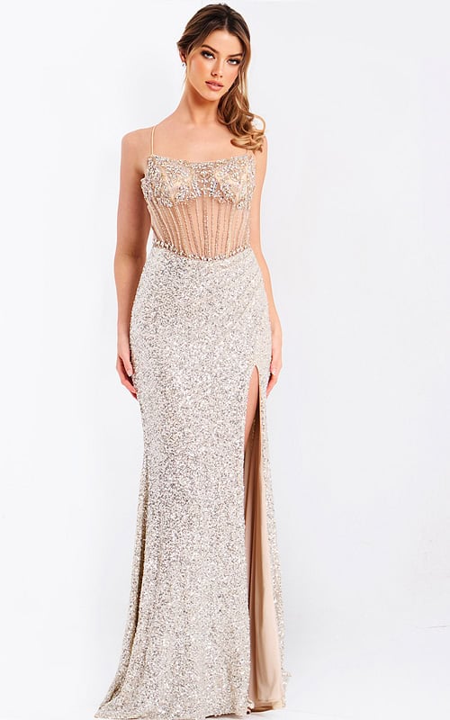 Sequin corset prom dress with lace-up back and high slit