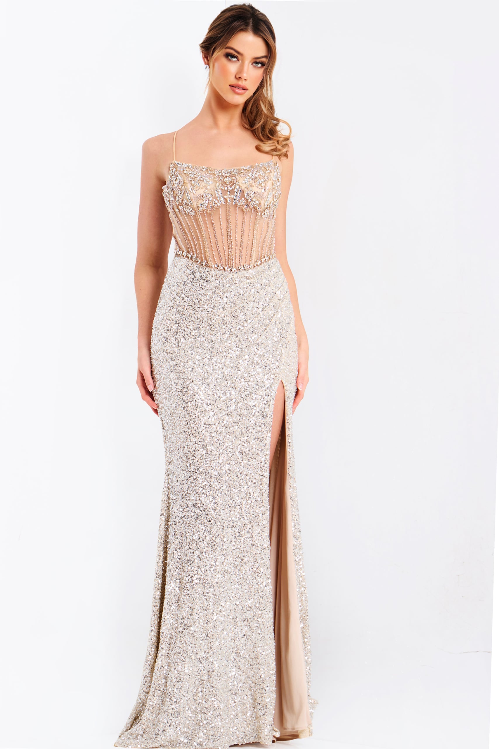 Sequin corset prom dress with lace-up back and high slit