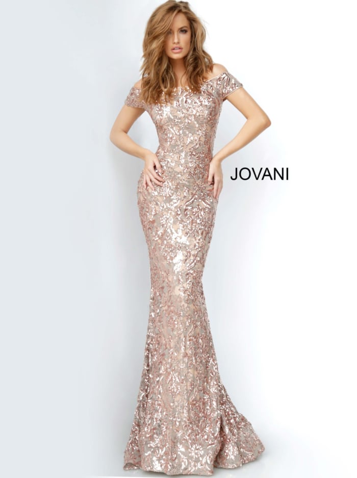 Front view of Jovani 1122 silver dress with mermaid style and sequined detailing.