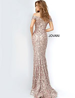 Back view of model in Jovani 1122 silver sequined mermaid gown with off-the-shoulder neckline.