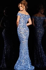 Back view of Jovani 1122 blue sequined mermaid gown highlighting elegant design.