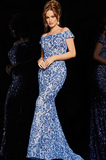 Jovani 1122 blue gown featuring a glamorous sequined design and mermaid style.