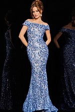 Front view of Jovani 1122 blue sequined dress with mermaid silhouette and short sleeves.